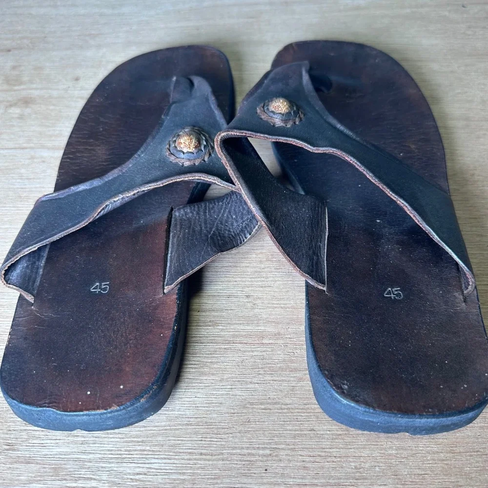 Mens Dark Brown Leather Thong Sandals Handcrafted Boho Slip On Size 45 EU